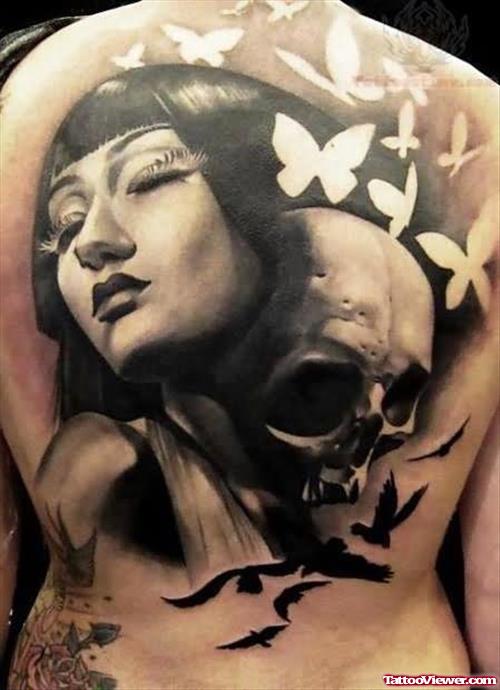 Girl And Skull Tattoo On Back
