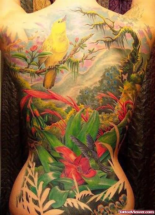 Bird And Flowers Tattoo On Back