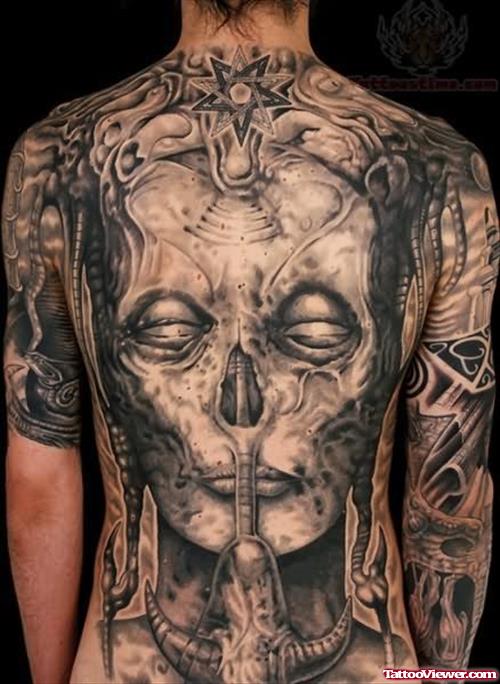 Zombie Skull Grey Ink Tattoo On Back