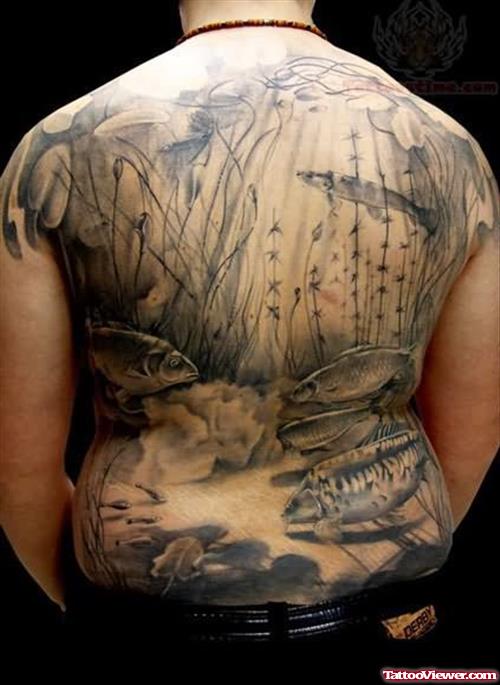 Grey Ink Fish Tattoos on Back