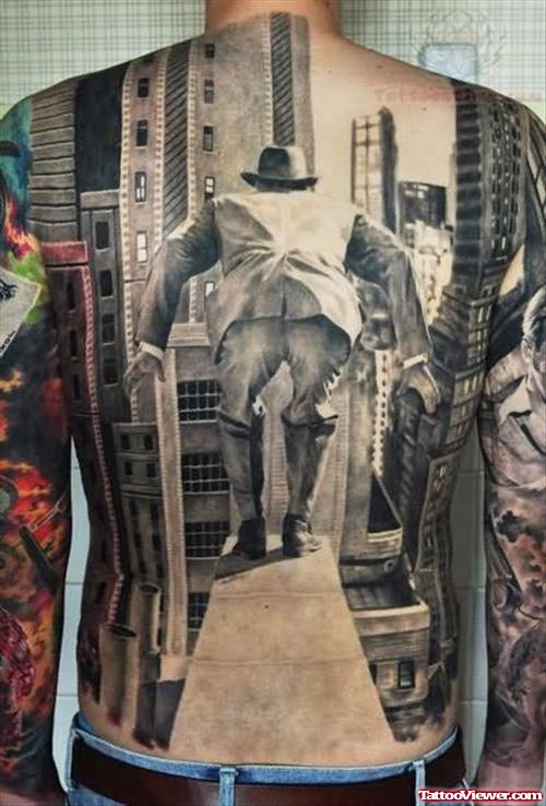 Grey Ink 3D Tattoo On Back