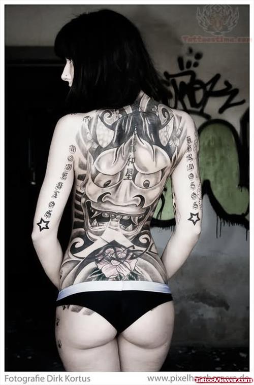 Grey Ink Demon Tattoo On Back