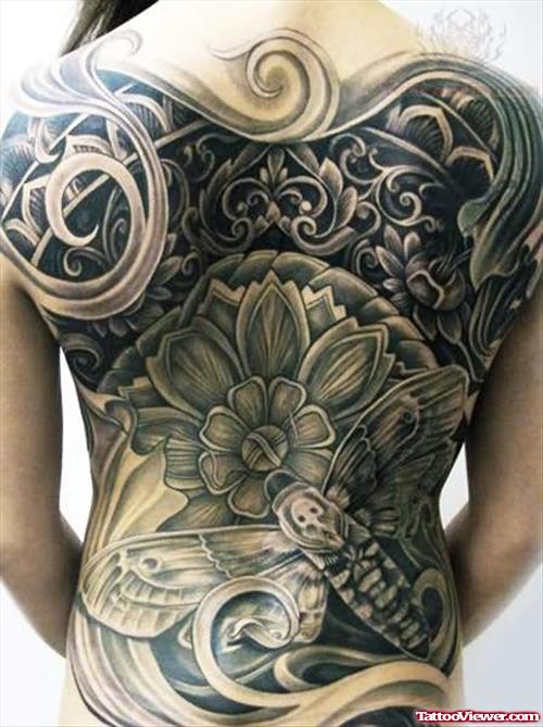 Bumblebee And Flower Tattoo On Back