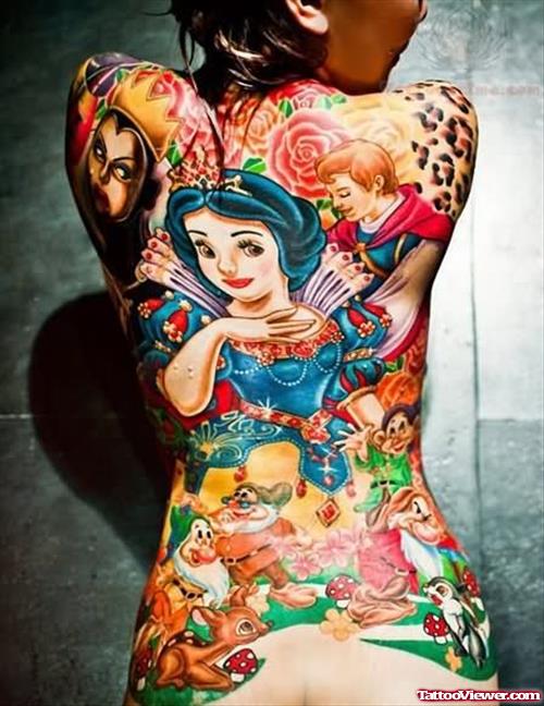 Beautiful Girl And Cartoon Tattoo On Back