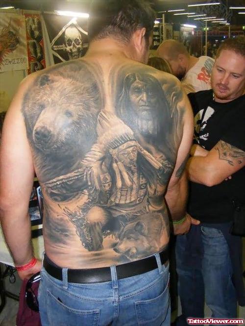 Wolf Head And Native Tattoo On Back