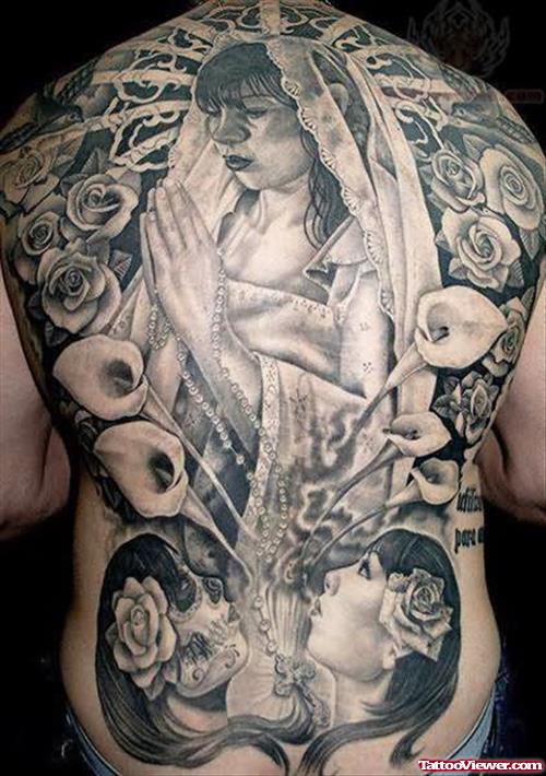 Praying Girl And Roses Grey ink Tattoo