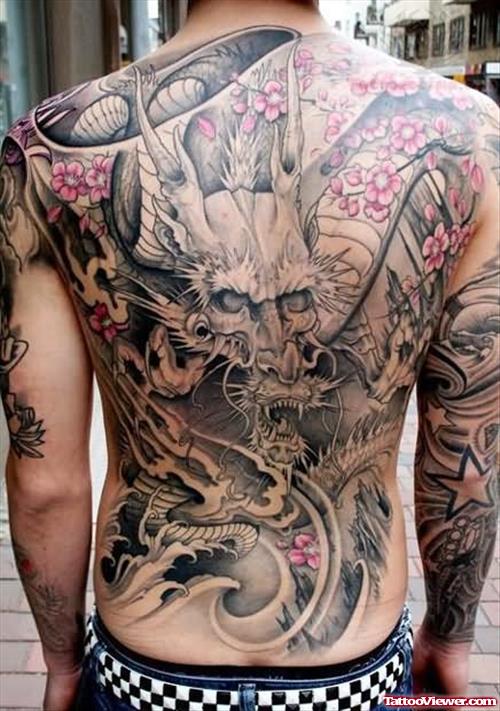 Japanese Grey Ink Tattoo On Back For Men