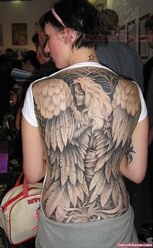 Grey Ink Wings Angel Tattoo On Back