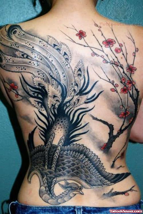 Grey Ink Phoenix Tattoo On Back