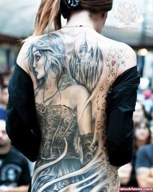 Grey ink Girl Tattoo On Back