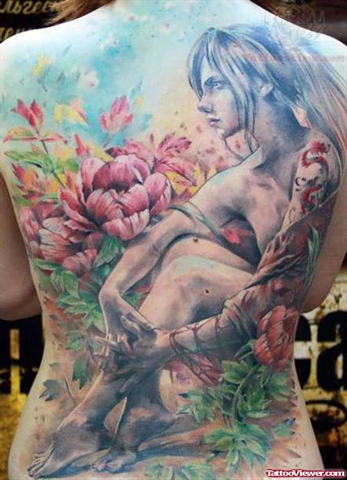 Girl And Flowers Color Ink Tattoo