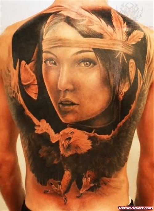Eagle And Native Girl Tattoo On Back