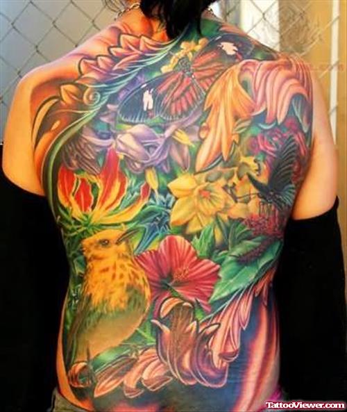 Color Flowers Tattoo On Back