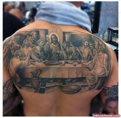 Christian Religious Grey Ink Tattoo On Back