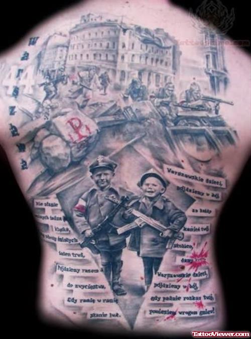 War Grey Ink Tattoo On Back