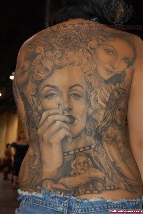 Smoking Girl Head Tattoo On Back