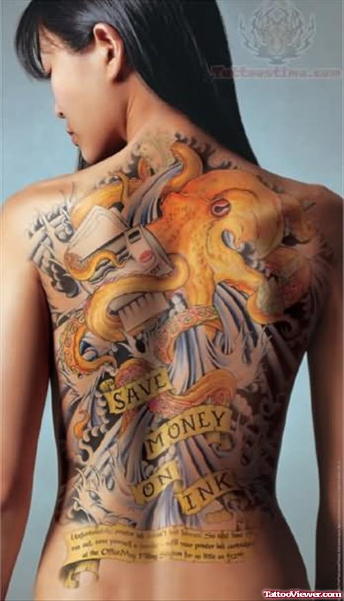 Octopus And Banner Tattoo On Back