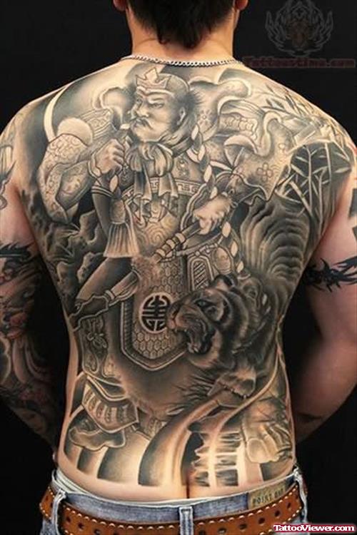 Japanese Grey Ink Tattoo On Back
