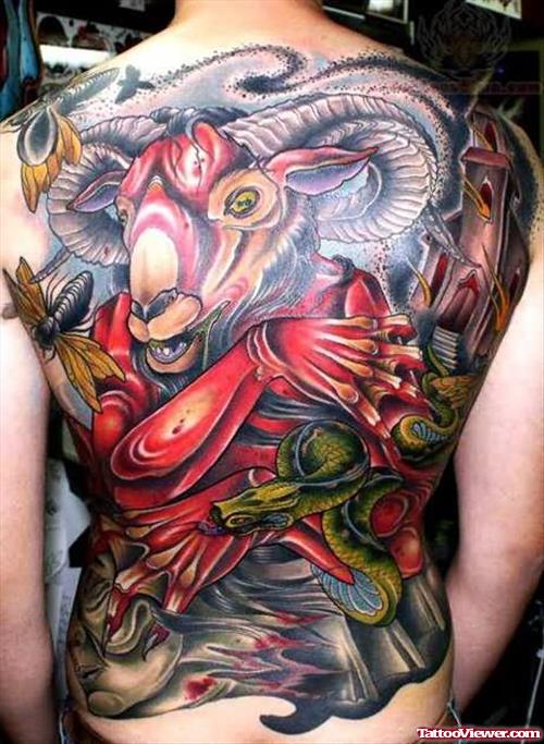 Goat And Snake Tattoo On Back