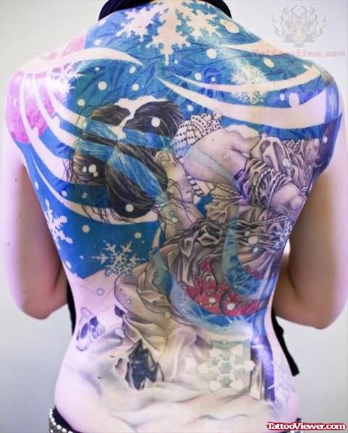 Geisha Colorful Tattoo On Back