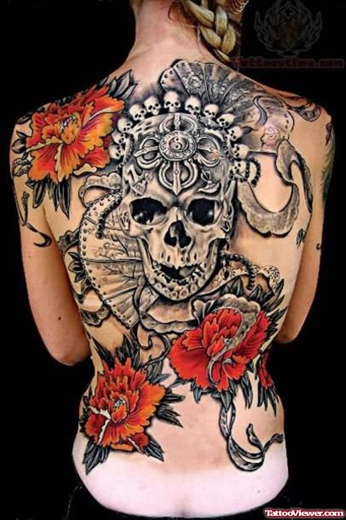 Flowers And Skull Color  Tattoo On Back
