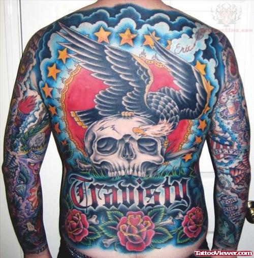 Colorful Full Back Skull And Eagle Tattoo