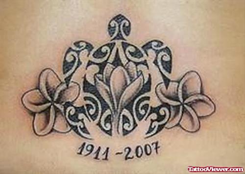 Turtle & Flower Tattoo On Back