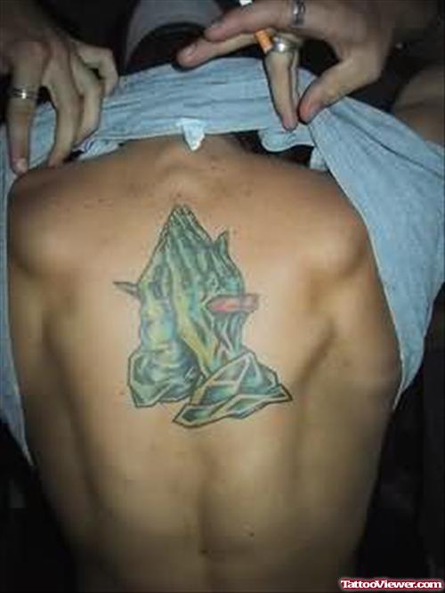 Praying Hands Coloured Tattoo On Back