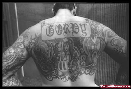 Black And White Prison Tattoo On Back