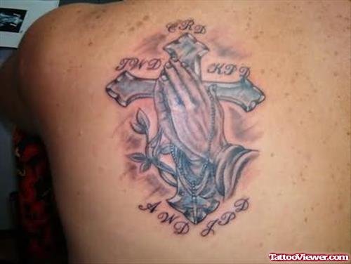 Cross & Hands Tattoo On Back