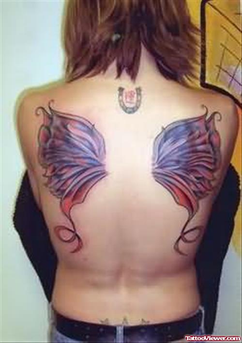 Coloured Wings Tattoo On Back