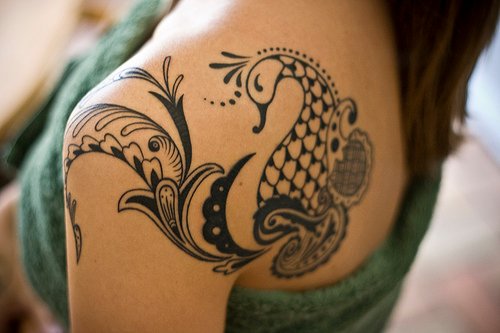 Peacock Tattoo On Girl Back Shoulder