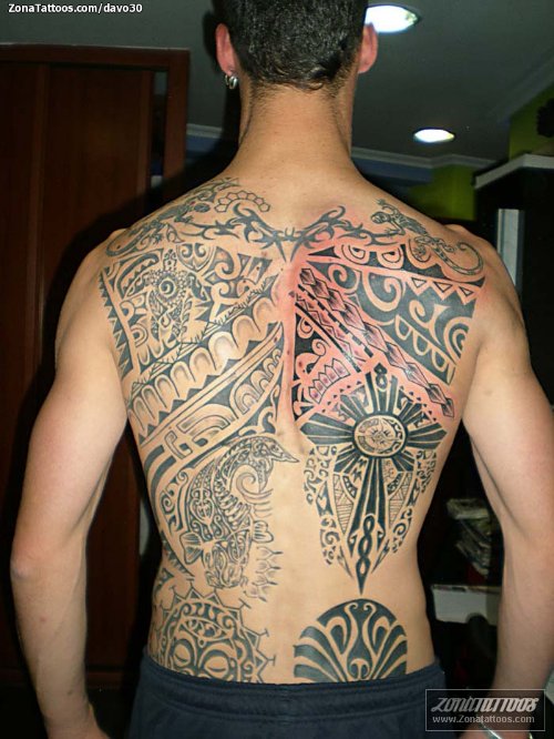 Black Ink Maori Full Back Tattoo For Men