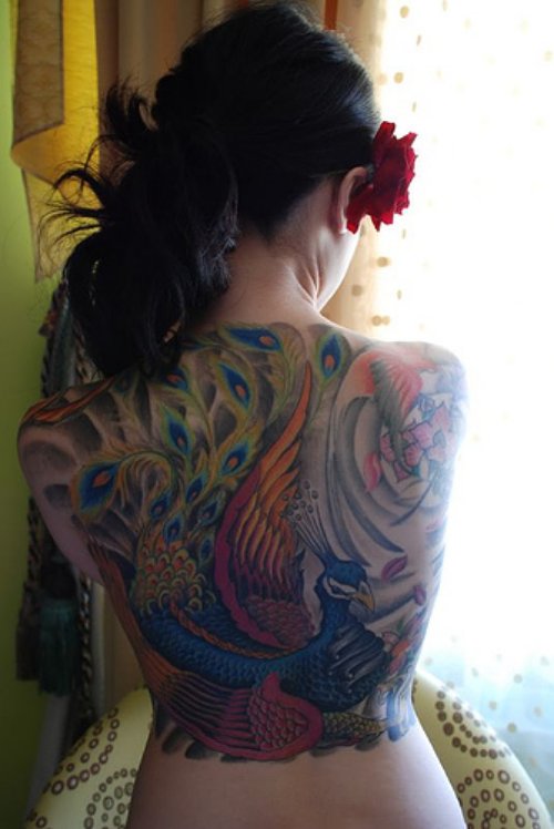 Colored ink Peacock Back Tattoo For Girls