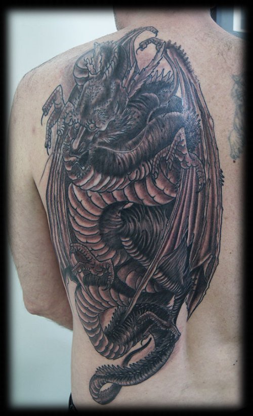 Grey Ink Dragon And Devil Back Tattoo