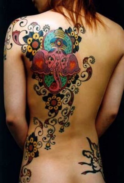 colored Flowers And Lord Ganesha Back Tattoo