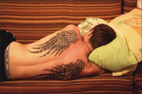 Grey Ink Wings Tattoo on Man Back Body