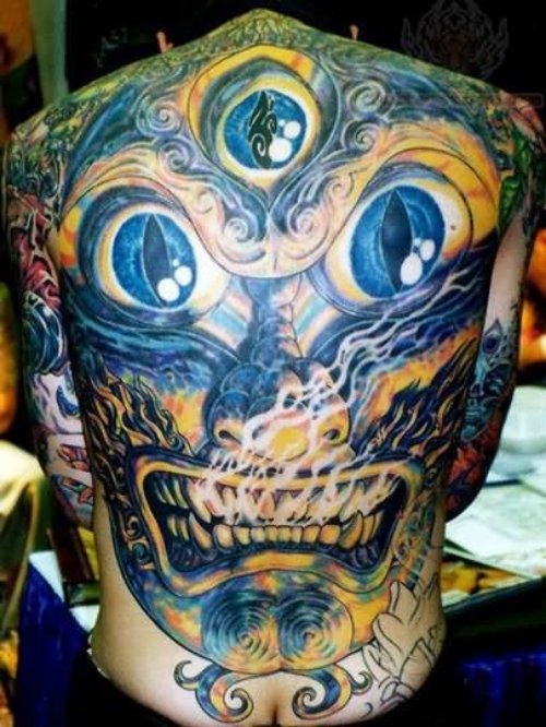Color Scary Skull Tattoo On Back
