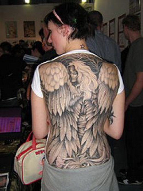 Dark Angel Wings Back Tattoo For Girls