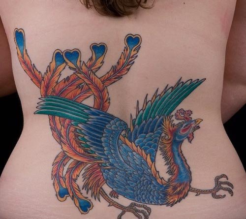 Colored Ink Flying Phoenix Back Tattoo For Girls