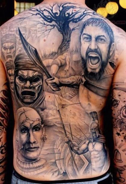 Grey Ink Solders Tattoo On Back
