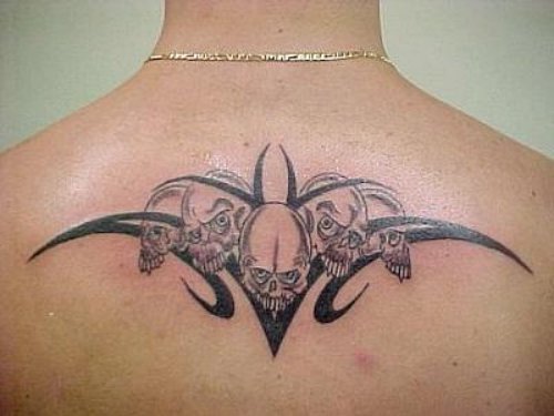 Grey Ink Skulls and Tribal Back Tattoo