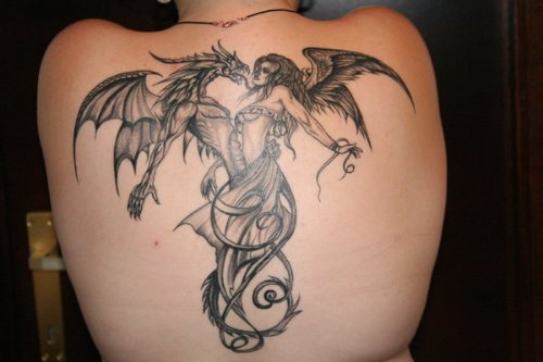 Dragon And Angel Back Tattoo