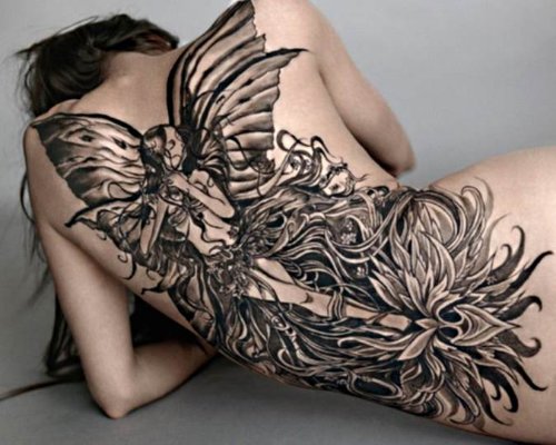 Fairy And Flower Back Tattoo