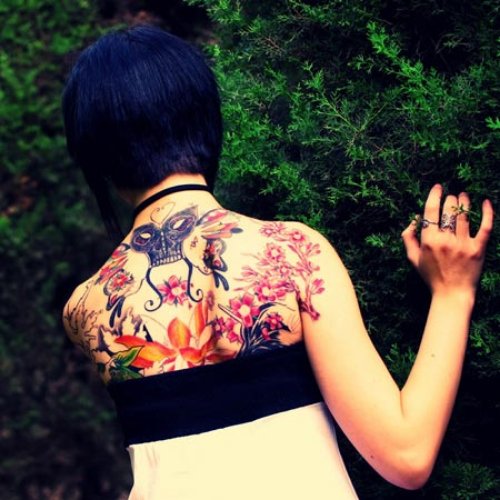 Skull And Flowers Back Tattoo For Girls