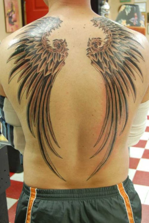 Grey Ink Tribal Angel Wings Back Tattoo