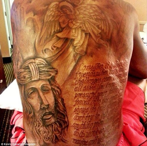 Jesus Head, Angel And Script Tattoo On Back