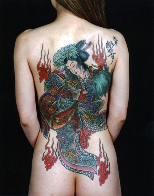 Colored Ink Geisha Back Tattoo For Girls