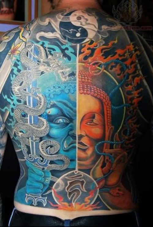 Yin Yan and Japanese Religious Tattoo On Back