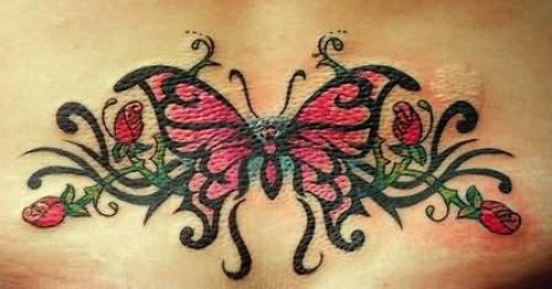 Beautiful Butterfly & Rose Back Tattoo